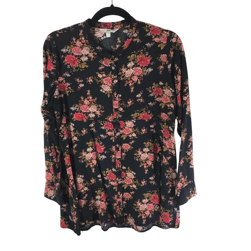 Ripe Maternity Womens Tunic Top Button Front Floral High Neck Black Red S